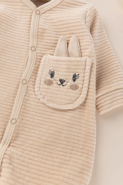 Tavşan Figürlü Unisex Kışlık Kadife Bebek Tulum BEJ - 3-6 AY