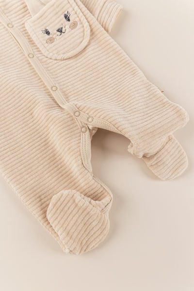 Tavşan Figürlü Unisex Kışlık Kadife Bebek Tulum BEJ - 3-6 AY