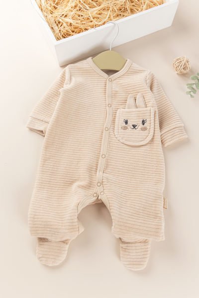 Tavşan Figürlü Unisex Kışlık Kadife Bebek Tulum BEJ - 3-6 AY