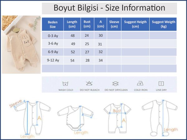 Tavşan Figürlü Unisex Kışlık Kadife Bebek Tulum BEJ - 3-6 AY