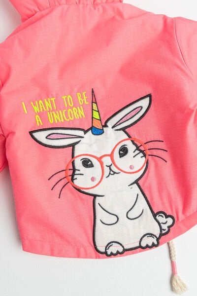 Unicorn İşlemeli İçi Peluş Neon Pembe Kız Bebek Mont