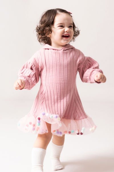 Kapüşonlu Fiyonklu 100% Pamuk Kız Bebek Elbise PEMBE - 18-24 AY