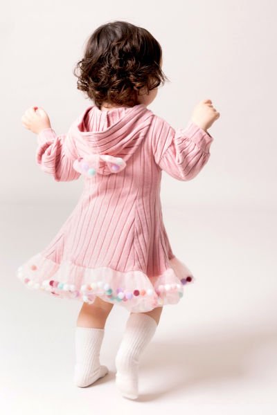 Kapüşonlu Fiyonklu 100% Pamuk Kız Bebek Elbise PEMBE - 18-24 AY