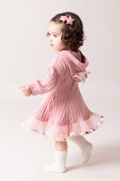 Kapüşonlu Fiyonklu 100% Pamuk Kız Bebek Elbise PEMBE - 18-24 AY