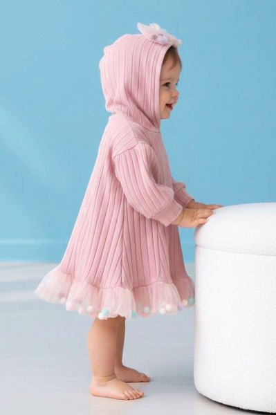 Kapüşonlu Fiyonklu 100% Pamuk Kız Bebek Elbise PEMBE - 18-24 AY
