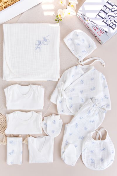 Çiçekli 100% Pamuk Muslin 10'lu Kız Bebek Hastane Çıkışı Yeni Doğan Set LİLA -  0-3 AY