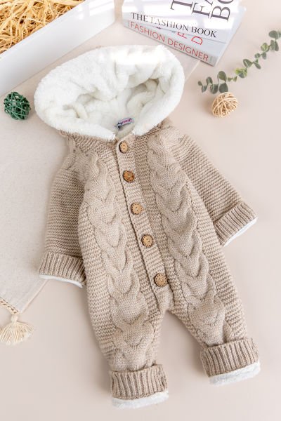 Triko Örme Welsoft Astarlı Kapüşonlu Kışlık Bebek Tulum