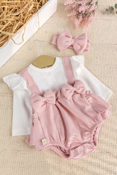 Bandanalı Fiyonklu Kız Bebek Elbise Tulum