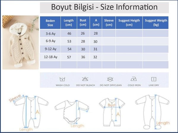 Triko Örme Welsoft Astarlı Kapüşonlu Kışlık Bebek Tulum BEJ -  9-12 AY