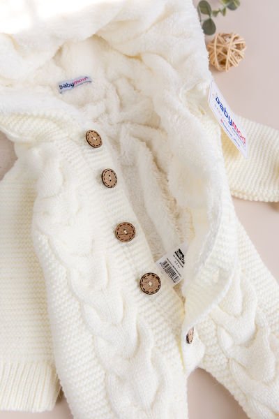 Triko Örme Welsoft Astarlı Kapüşonlu Kışlık Bebek Tulum KREM -  9-12 AY