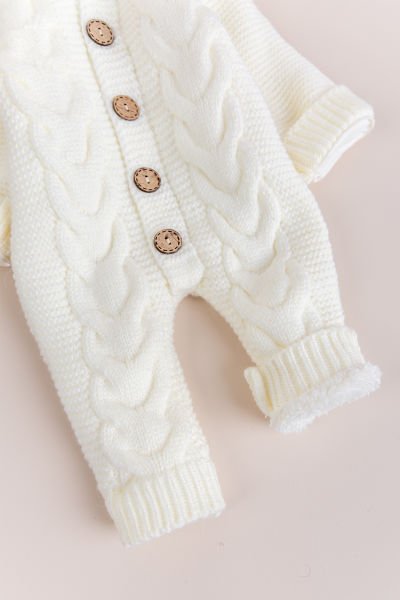 Triko Örme Welsoft Astarlı Kapüşonlu Kışlık Bebek Tulum KREM -  9-12 AY