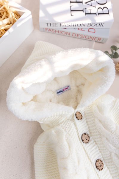 Triko Örme Welsoft Astarlı Kapüşonlu Kışlık Bebek Tulum KREM -  9-12 AY