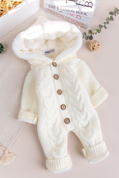 Triko Örme Welsoft Astarlı Kapüşonlu Kışlık Bebek Tulum KREM -  9-12 AY