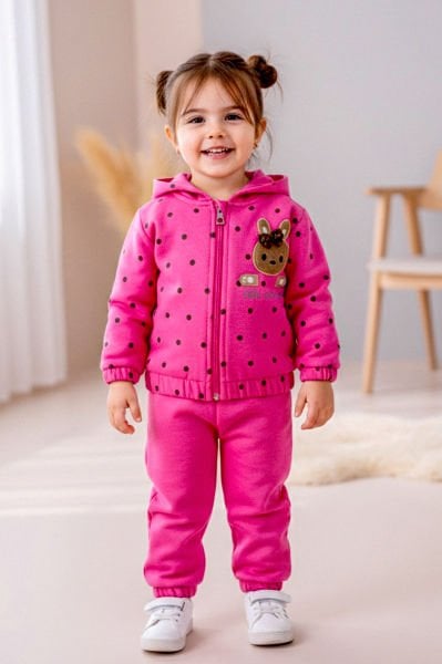 Puantiyeli Kapüşonlu İkili Kız Bebek Eşofman Takımı