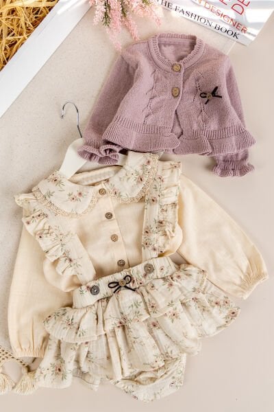 Çiçekli Müslin 3'lü 100% Pamuk Kız Bebek Salopet Elbise