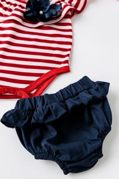 Babymod Kız Bebek Kırmızı Çizgili Bandanalı TulumluTakım