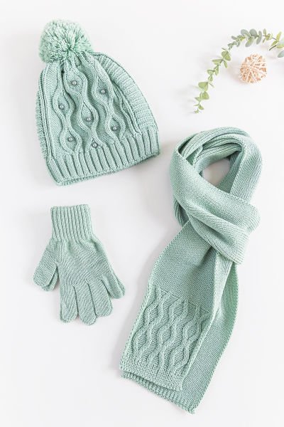 İnci Süslemeli 9-15 Yaş Kız Çocuk Atkı Bere Eldiven Takımı