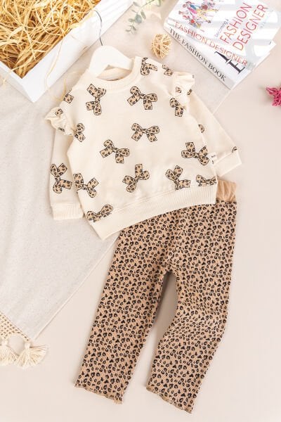 Fiyonk Baskılı Leopar Desenli İkili Pamuklu Kız Bebek Çocuk Takım