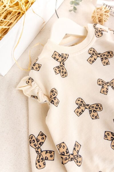 Fiyonk Baskılı Leopar Desenli İkili Pamuklu Kız Bebek Çocuk Takım