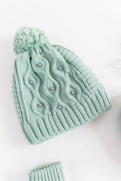 İnci Süslemeli 9-15 Yaş Kız Çocuk Atkı Bere Eldiven Takımı YEŞİL - 9-15 Yaş