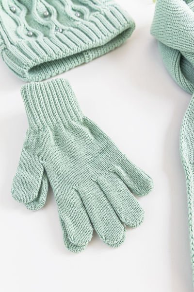 İnci Süslemeli 9-15 Yaş Kız Çocuk Atkı Bere Eldiven Takımı YEŞİL - 9-15 Yaş