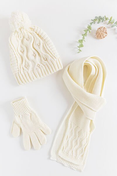 İnci Süslemeli 9-15 Yaş Kız Çocuk Atkı Bere Eldiven Takımı KREM - 9-15 Yaş