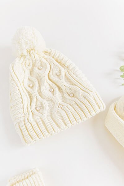 İnci Süslemeli 9-15 Yaş Kız Çocuk Atkı Bere Eldiven Takımı KREM - 9-15 Yaş