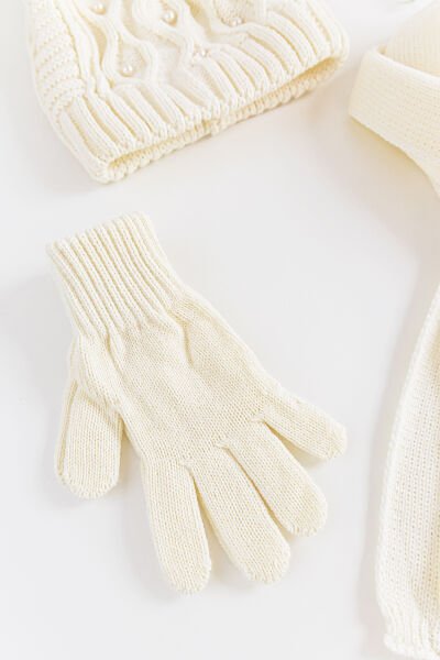 İnci Süslemeli 9-15 Yaş Kız Çocuk Atkı Bere Eldiven Takımı KREM - 9-15 Yaş