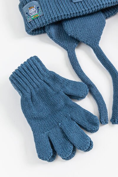 Ponponlu Kulaklıklı 1-4 Yaş Erkek Çocuk Atkı Bere Eldiven Takımı