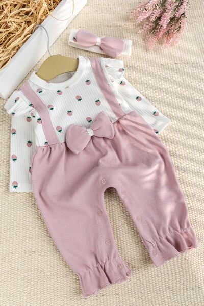 Pamuklu Fiyonklu Bandanalı Kız Bebek Tulum