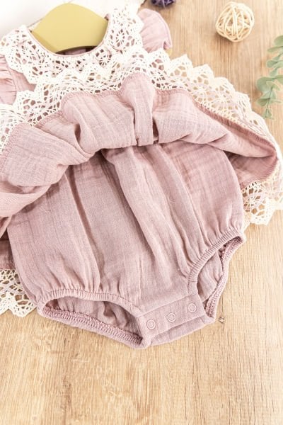 Güpürlü Fiyonklu Yazlık Müslin Kız Bebek Elbise Bebek Tulum Gül kurusu -  6-9 AY