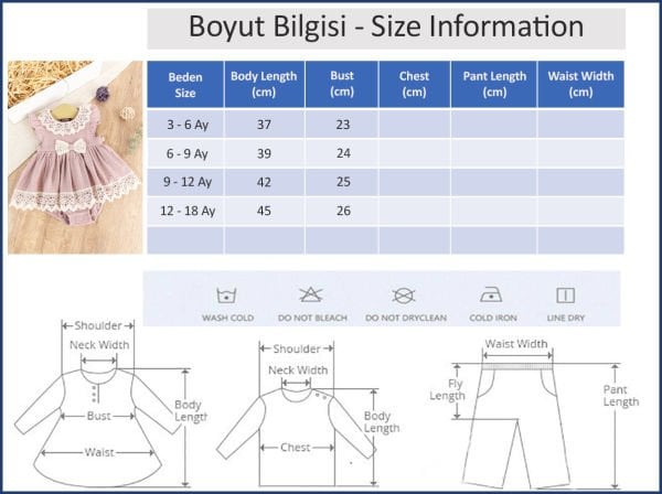 Güpürlü Fiyonklu Yazlık Müslin Kız Bebek Elbise Bebek Tulum Gül kurusu -  6-9 AY
