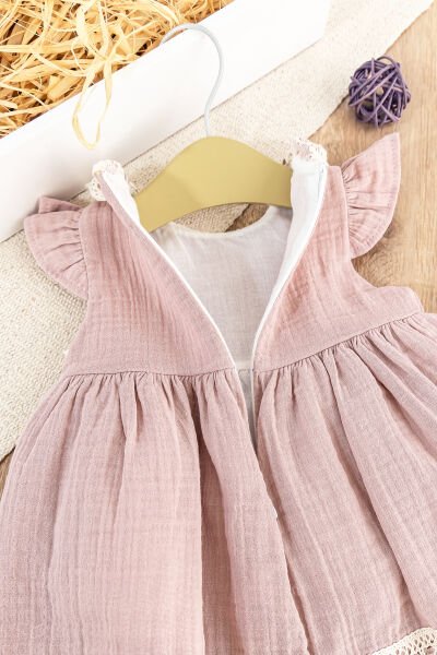 Güpür Dantelli Fiyonklu Yazlık Müslin Kız Bebek Elbise