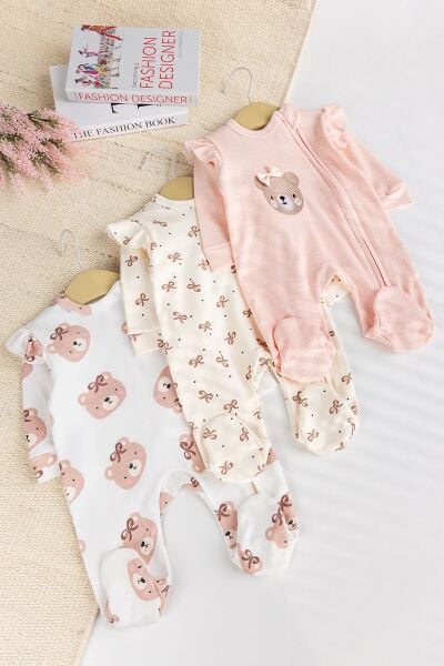 Üçlü 100% Pamuk Kız Bebek Tulum