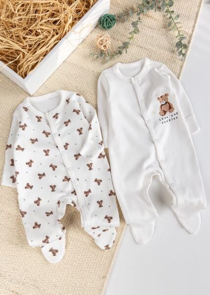 Ayıcık Baskılı Pamuklu 2'li Bebek tulum