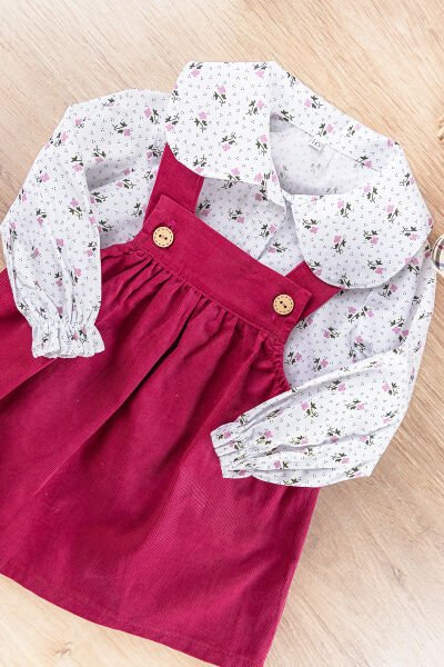 Çiçekli Gömlekli Kadife Kız Bebek Salopet Elbise