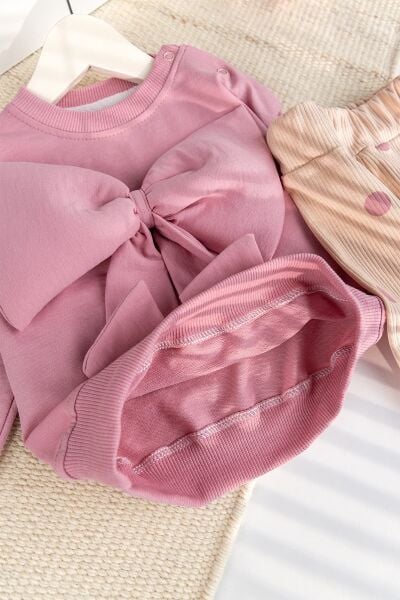 Fiyonklu 100% Pamuk 2'li Kız Bebek  Takım Pembe