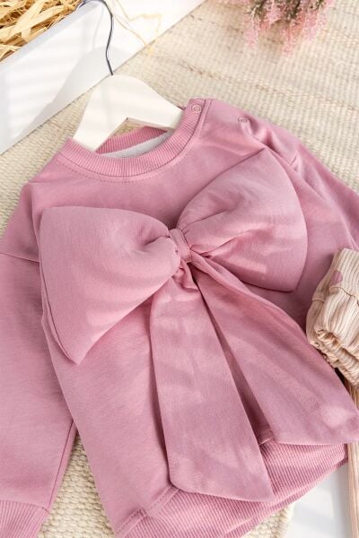 Fiyonklu 100% Pamuk 2'li Kız Bebek  Takım Pembe