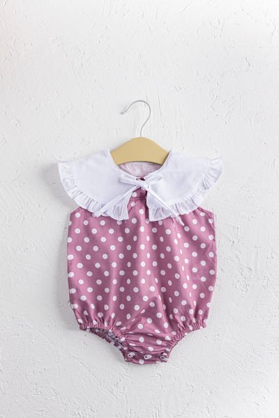 Puantiye Desenli Bebe Yakalı Kız Bebek Tulum