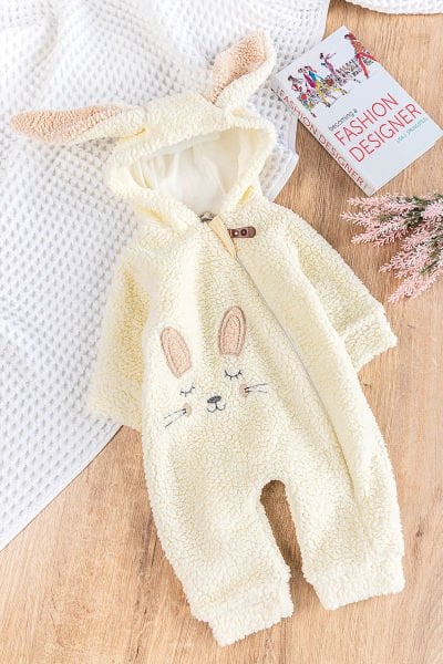 Tavşan Figürlü Kapüşonlu Welsoft Peluş Kışlık Kız Bebek Tulum KREM - 3-6 AY
