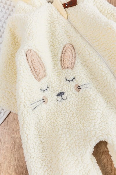 Tavşan Figürlü Kapüşonlu Welsoft Peluş Kışlık Kız Bebek Tulum KREM - 3-6 AY