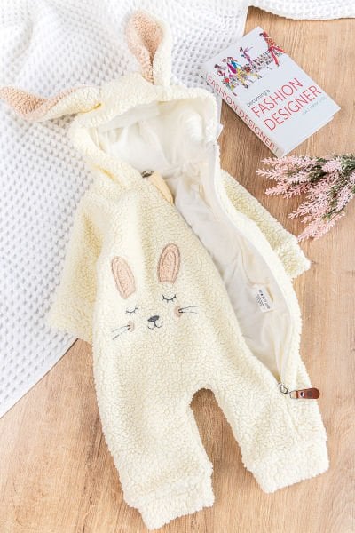 Tavşan Figürlü Kapüşonlu Welsoft Peluş Kışlık Kız Bebek Tulum KREM - 3-6 AY