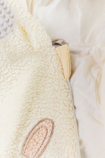 Tavşan Figürlü Kapüşonlu Welsoft Peluş Kışlık Kız Bebek Tulum KREM - 3-6 AY
