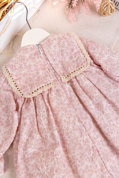 Kabartma Çiçekli Dantelli 100% Pamuk Özel Gün Kız Bebek Elbise