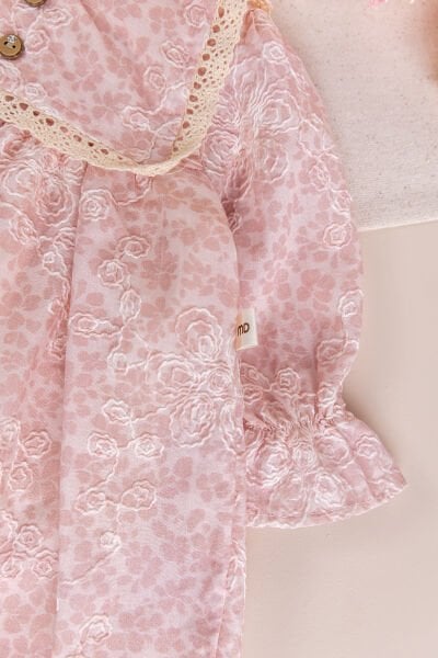 Kabartma Çiçekli Dantelli 100% Pamuk Özel Gün Kız Bebek Elbise