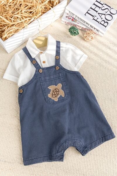 Fiğürlü Denim Şık Yazlık Erkek Bebek Salopet Tulum Takım