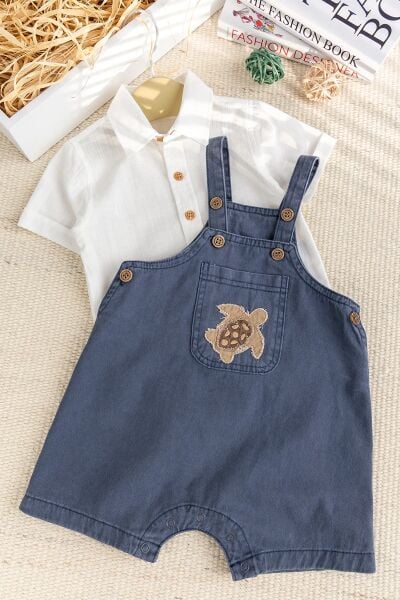Fiğürlü Denim Şık Yazlık Erkek Bebek Salopet Tulum Takım
