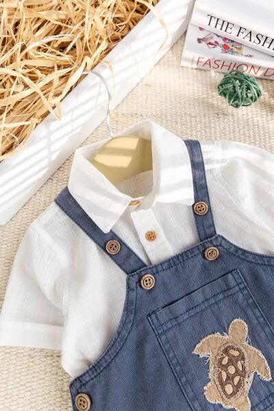 Fiğürlü Denim Şık Yazlık Erkek Bebek Salopet Tulum Takım