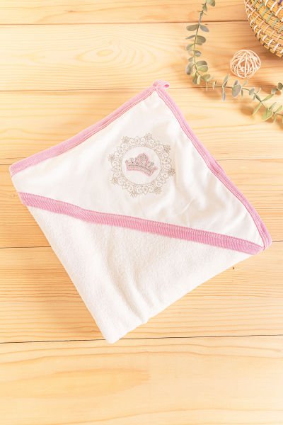 Taç İşlemeli Kız/Erkek Bebek Silinme Havlusu PEMBE -  Tek Ebat