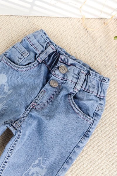 Fiğürlü Denim Pamuku  Şık Kot Kız Bebek Pantolon